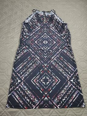 Banana Republic dress navy blue base geometric diamond pattern keyhole neckline